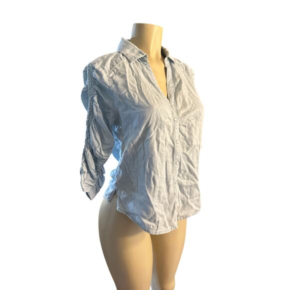 Women 6 Veronica Beard Jeans Denim Chambray Shirt Top Blouse Ruched Snap Button - Picture 1 of 6